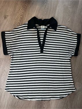 Wrapper Black & White Striped Knit Polo